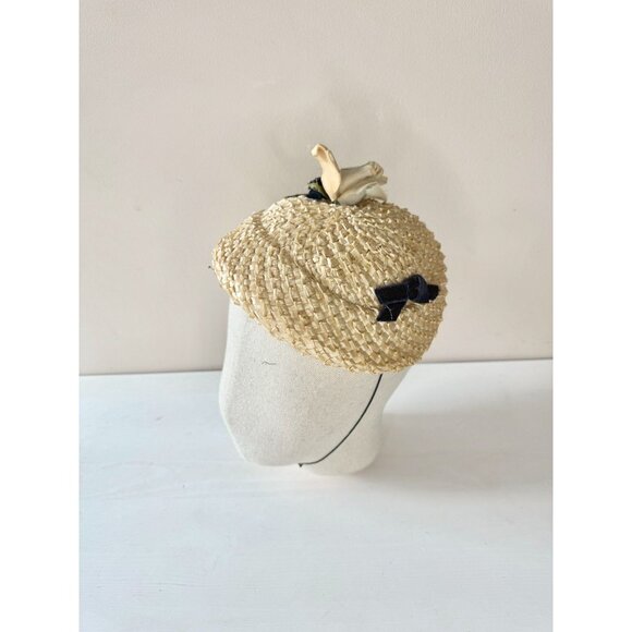 Vintage Raffia Straw Black Velvet Ribbon Yellow Faux Flower Juliet Hat - Picture 5 of 15